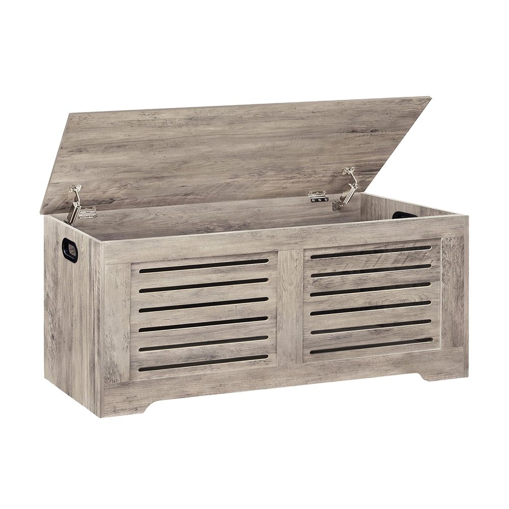 DINZI LVJ Storage Chest, Flip-Top Wooden Toy Box with 2 Safety Hinges, Retro Entryway Shoe Storage Bench, Sturdy Large Storage Trunk for Living Room, Bedroom, Easy Assembly, Greige