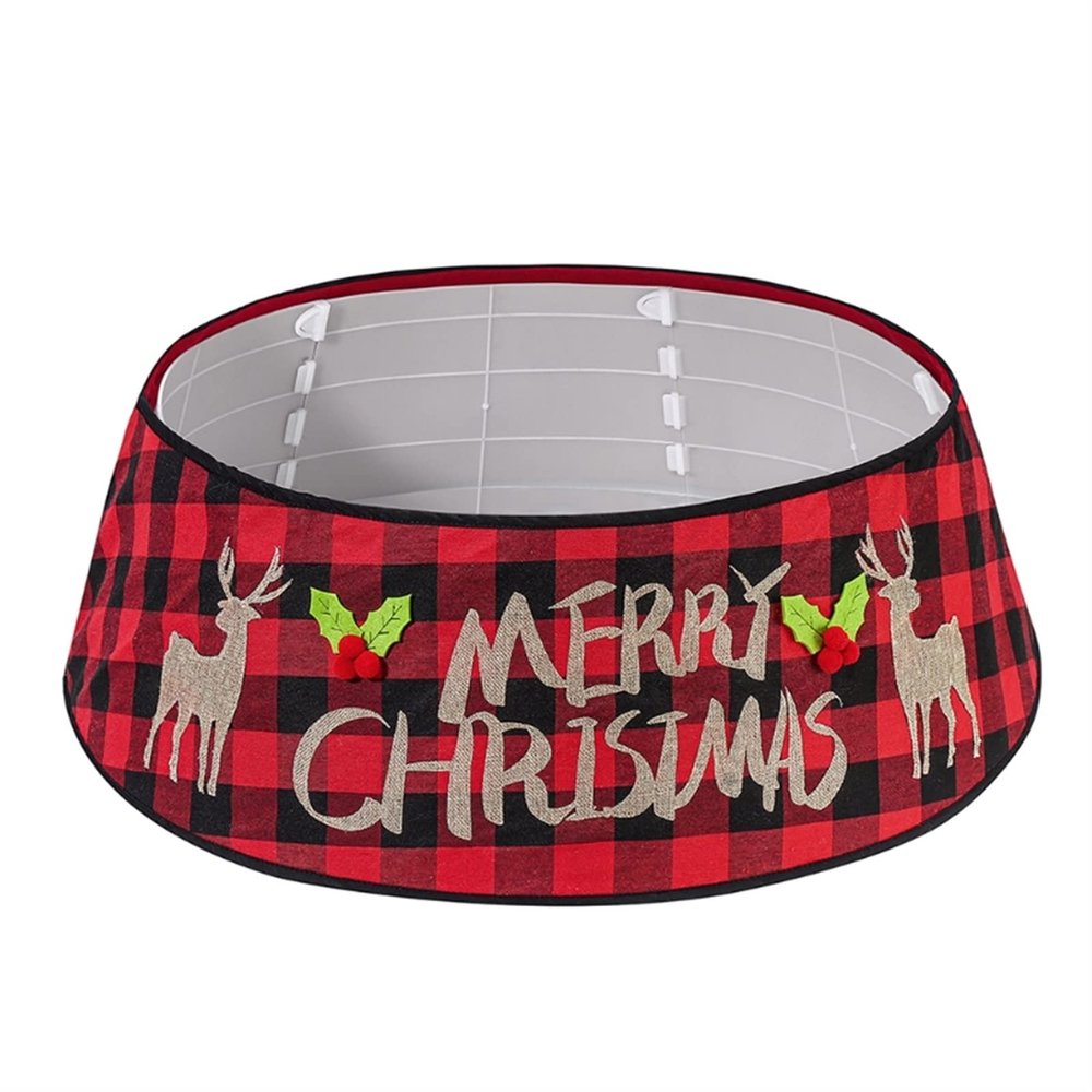 ZHENYANG CAREG Merry Christmas Tree Skirt Ground Around Black Red Grid Ornament Holiday Decor 77UD