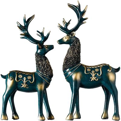 2pcs Deer Figurines Animal Deer Statue Abstract Lucky Deer Ornament for Christmas TV Stand Bookshelf Decor - Green