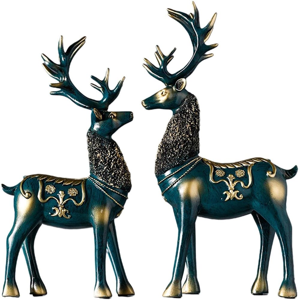 2pcs Deer Figurines Animal Deer Statue Abstract Lucky Deer Ornament for Christmas TV Stand Bookshelf Decor - Green