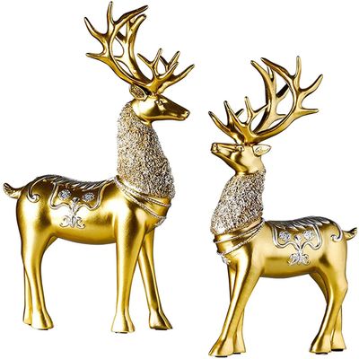 2pcs Deer Figurines - Animal Statue Abstract Lucky Deer Ornament for Christmas TV Stand Bookshelf Decor - Gold