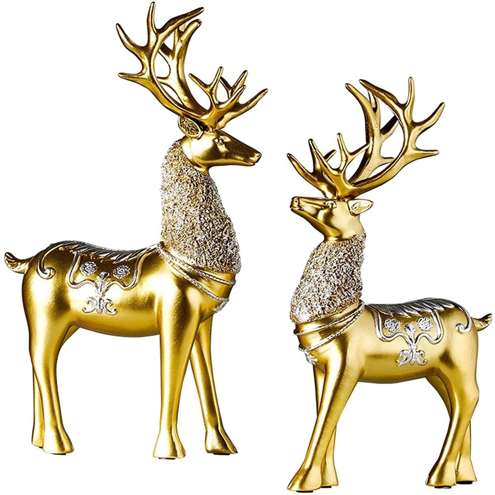 2pcs Deer Figurines - Animal Statue Abstract Lucky Deer Ornament for Christmas TV Stand Bookshelf Decor - Gold