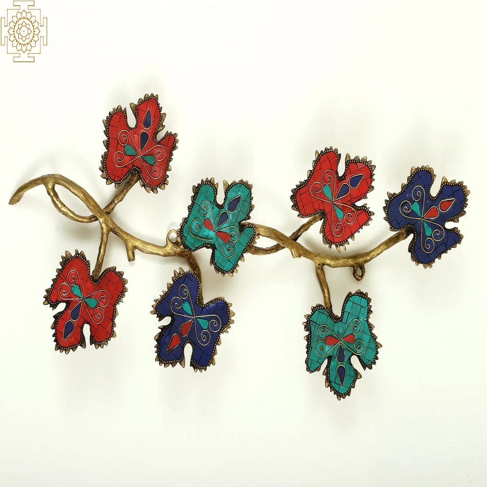 Brass Leaf Design Candle Stand with Inlay Work - Brass - Color 18 Inch