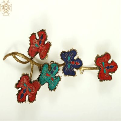 Brass Leaf Design Candle Stand with Inlay Work - Brass - Color 15.5 Inch