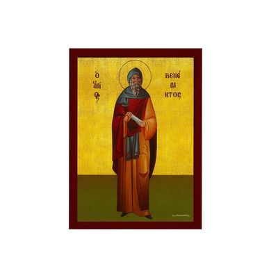 Saint Benedict icon of Nursia, Handmade Greek Catholic icon of St Benedict, Byzantine Art wall Hanging Wood Plaque, Religious Decor 7x10cm
