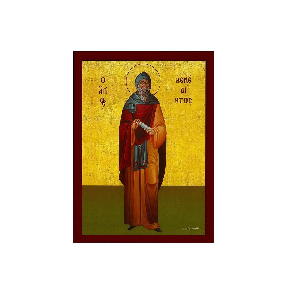 Saint Benedict icon of Nursia, Handmade Greek Catholic icon of St Benedict, Byzantine Art wall Hanging Wood Plaque, Religious Decor 7x10cm