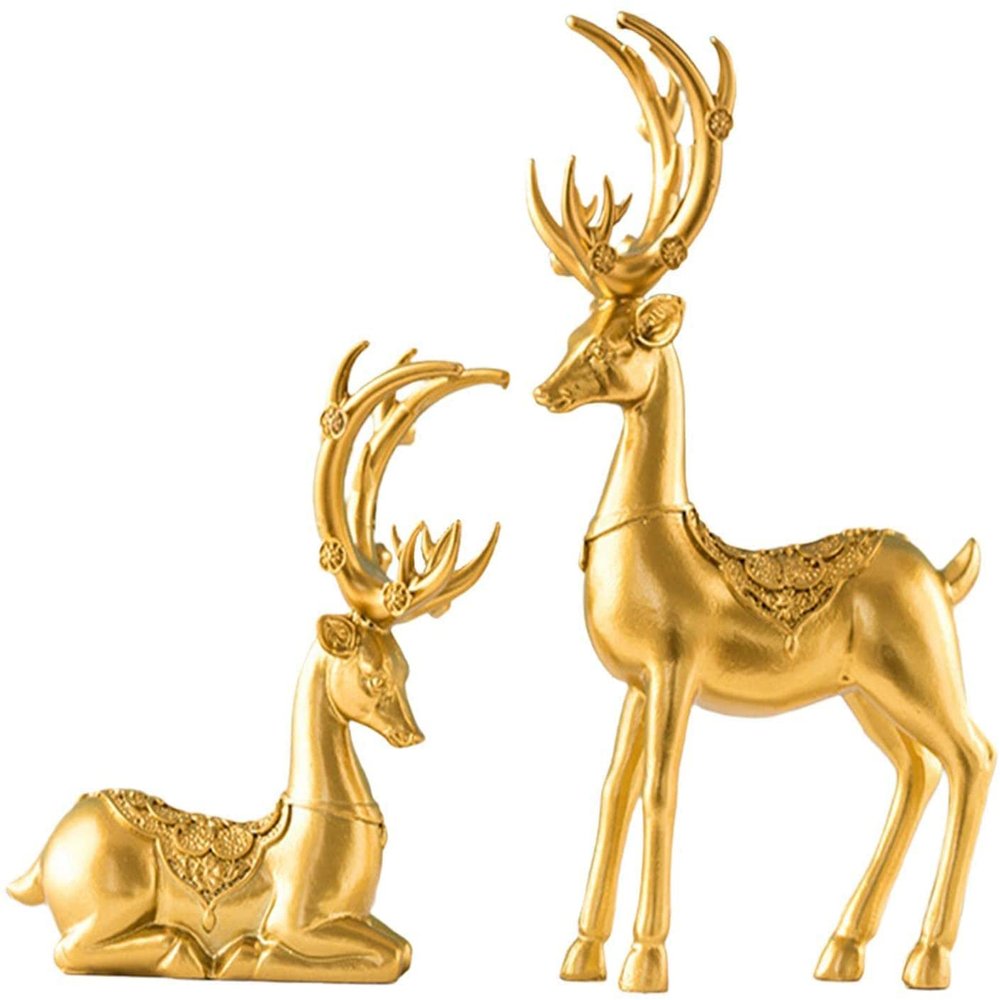 1 Pair Resin Deer Sculpture Deer Figurines Animal Deer Statue Abstract Lucky Deer Ornament for Christmas TV Stand Bookshelf Decor - Gold