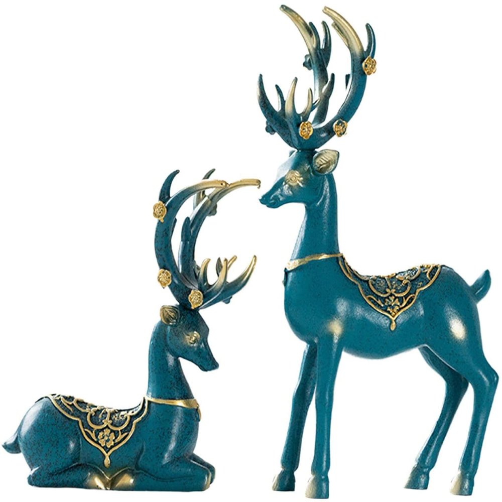 1 Pair Resin Deer Sculpture Deer Figurines Animal Deer Statue Abstract Lucky Deer Ornament for Christmas TV Stand Bookshelf Decor - Dark Blue