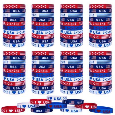 JAKADYUKS 100Pcs American Flag Silicone Bracelets, Fourth 4th of July Party Accessories USA Veterans Day Memorial Day Patriotic Wristband, Red White and Blue Party Favors School Gifts