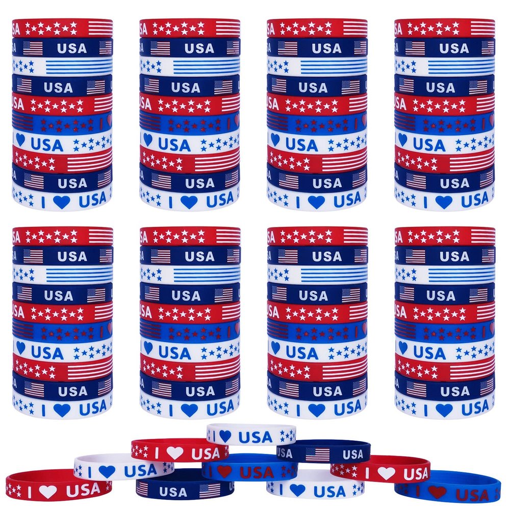 JAKADYUKS 100Pcs American Flag Silicone Bracelets, Fourth 4th of July Party Accessories USA Veterans Day Memorial Day Patriotic Wristband, Red White and Blue Party Favors School Gifts