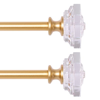2 Pack Curtain Drapery RodAcrylic Square Finials Curtain Rod3/4" Diameter Single Deorative Curtain Rod, Adjustable Length from 48 to 84 Inches Gold