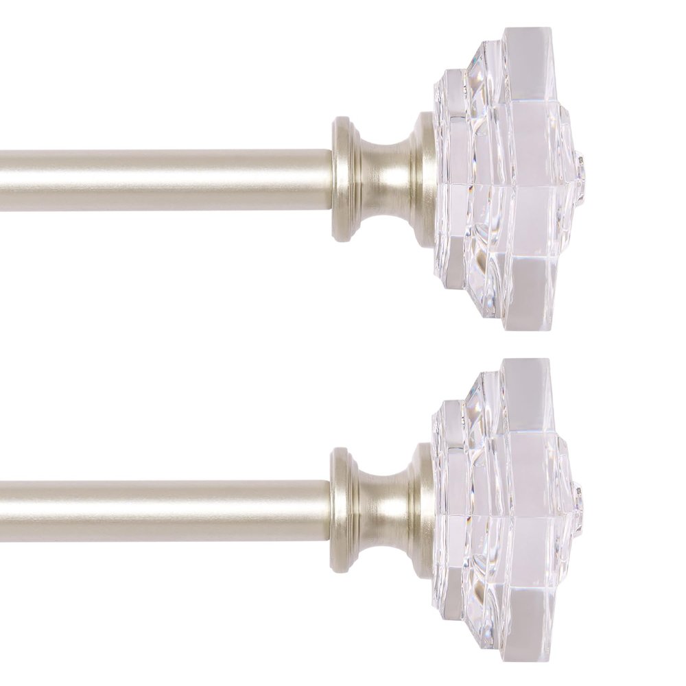 2 Pack Curtain Drapery RodAcrylic Square Finials Curtain Rod3/4" Diameter Single Deorative Curtain Rod, Adjustable Length from 48 to 84 Inches Nickel