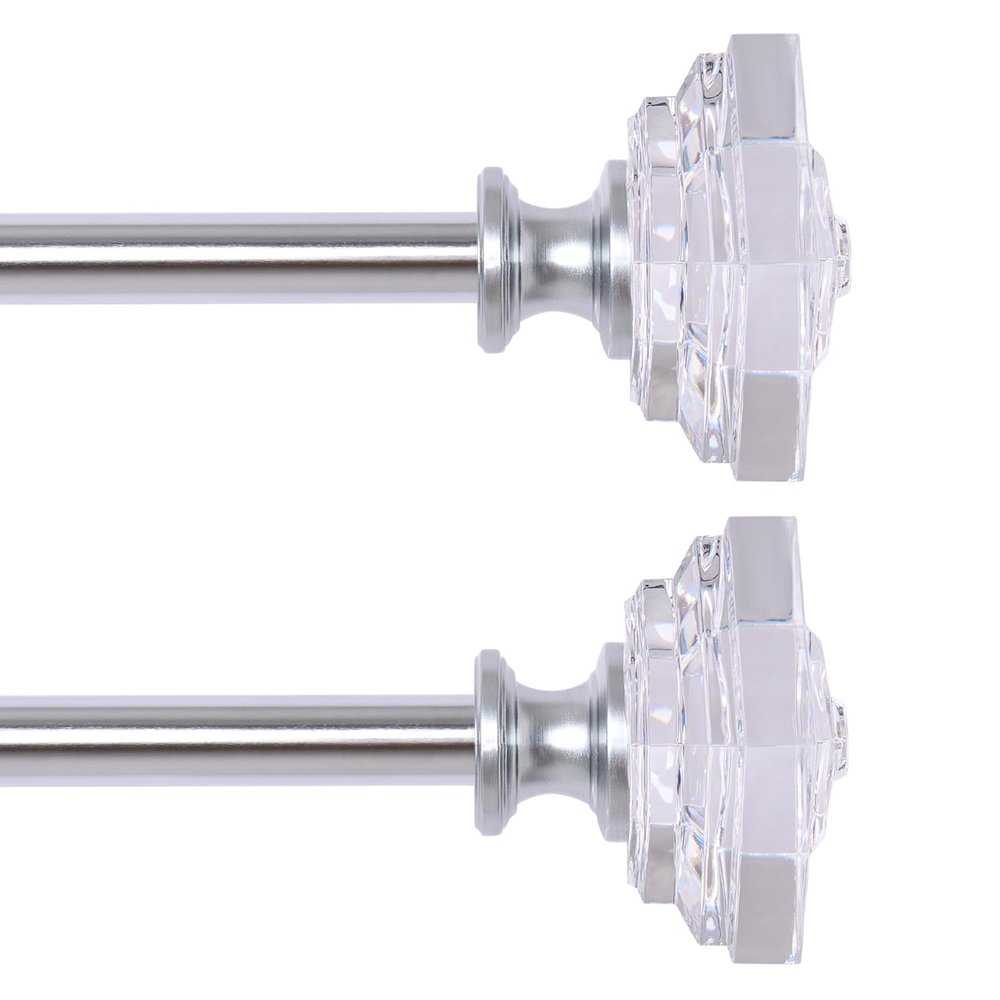 2 Pack Curtain Drapery RodAcrylic Square Finials Curtain Rod3/4" Diameter Single Deorative Curtain Rod, Adjustable Length from 48 to 84 Inches
