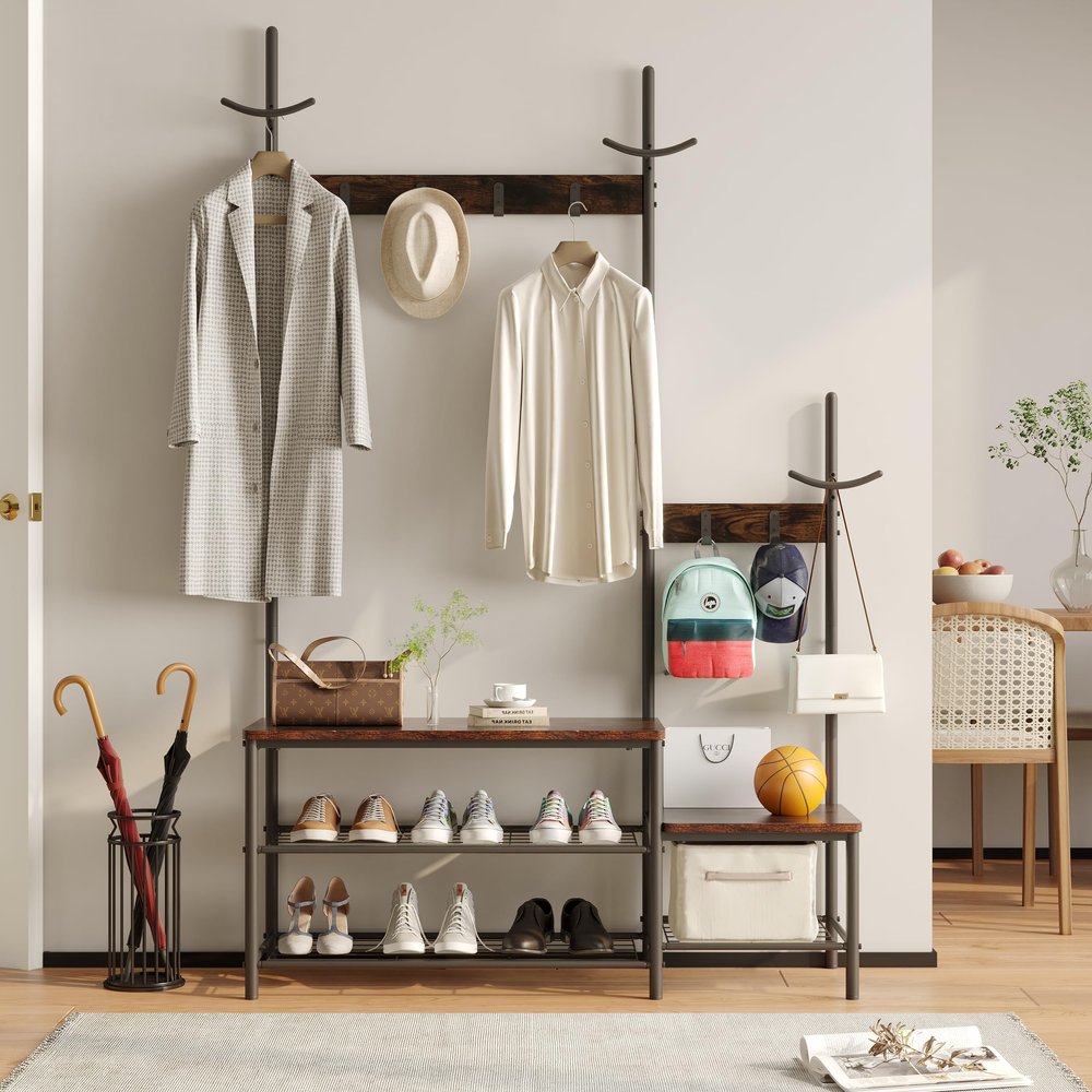 CharaVector Hall Tree Coat Rack Shoe Bench, Industrial Design, 3-in-1, Rustic Brown