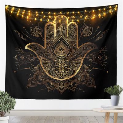 Gold Hamsa Hand Tapestry Black Gold Mandala Wall Blanket Tapestries Boho Wall Hanging for Kids Teens Boys Room Decor, Lucky Hand of Fatima Home Wall Decor, Large 59.1 x 82.7 Inches