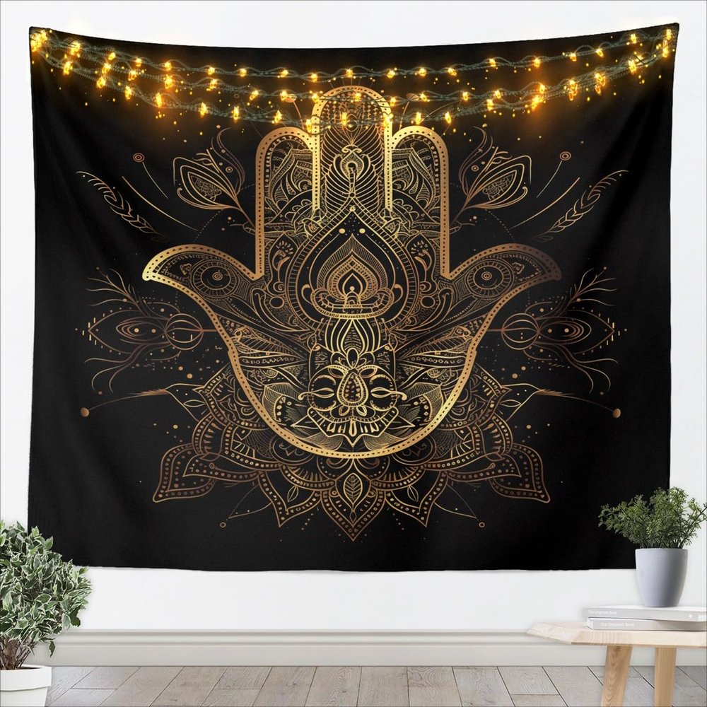 Gold Hamsa Hand Tapestry Black Gold Mandala Wall Blanket Tapestries Boho Wall Hanging for Kids Teens Boys Room Decor, Lucky Hand of Fatima Home Wall Decor, Large 59.1 x 82.7 Inches