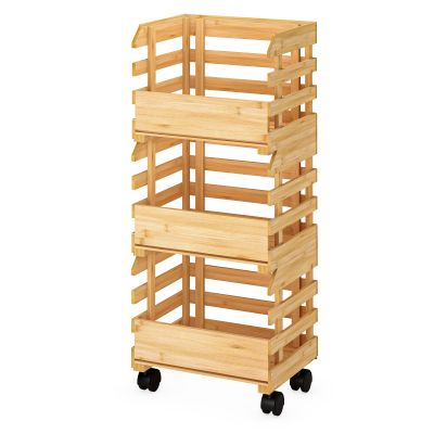 G.a HOMEFAVOR Bamboo Fruit Basket Stand, Potato and Onion Storage Cart, 3-Tier Fruit Basket with Wheels, Vegetable Storage for Kitchen Floor (Self-assembly)