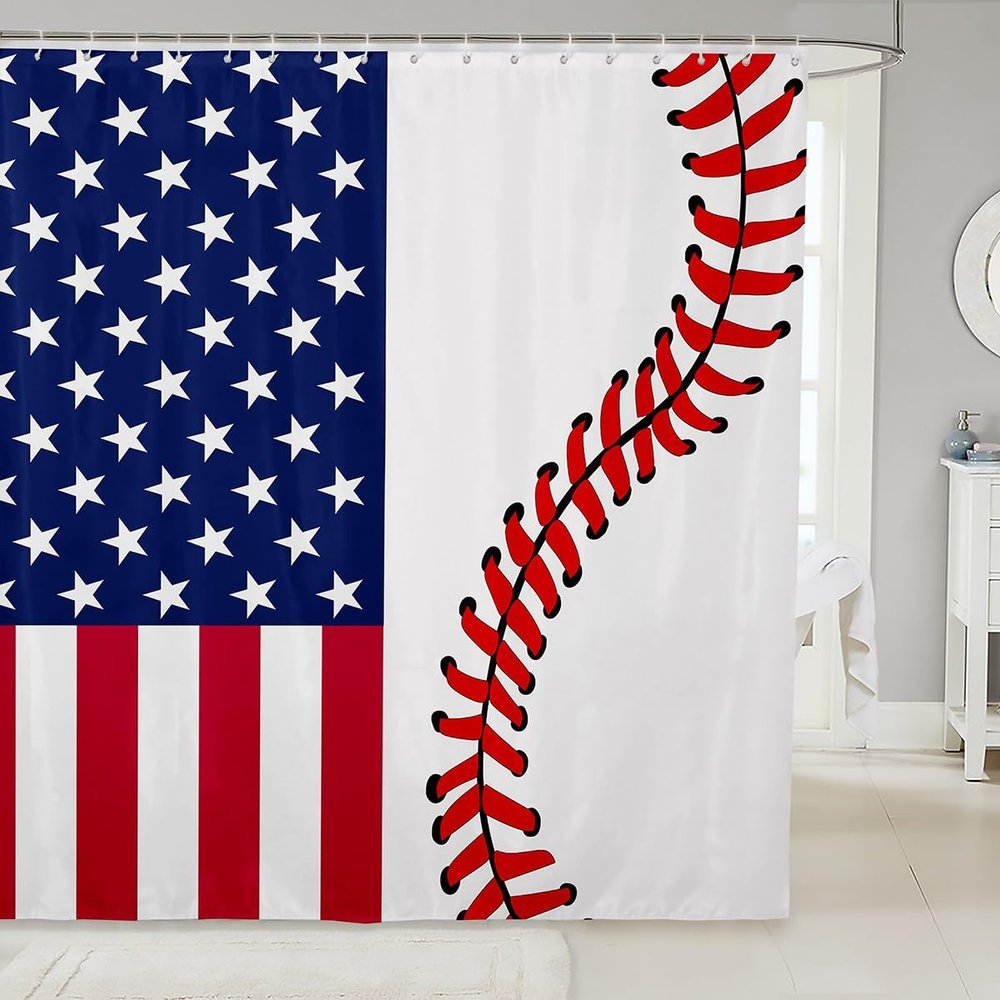 American Flag Shower Curtains,Abstract Baseball Bathroom Curtains for Kids Teens Adult,Ball Games Waterproof Bath Curtains,with 12 Hooks Suits for Bathtub, 72" W x 78" L,Red and White