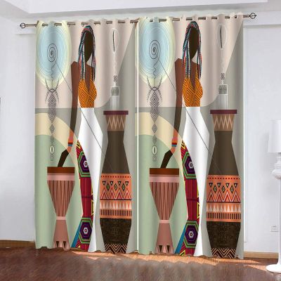Abstract African Woman Blackout Curtains, Tribal Ethnic 3D Printed Drapes, 2 Panels Window Curtains, Thermal Insulated Drapes Darkening Window Curtain for Bedroom Living Room 63" W x 45" L