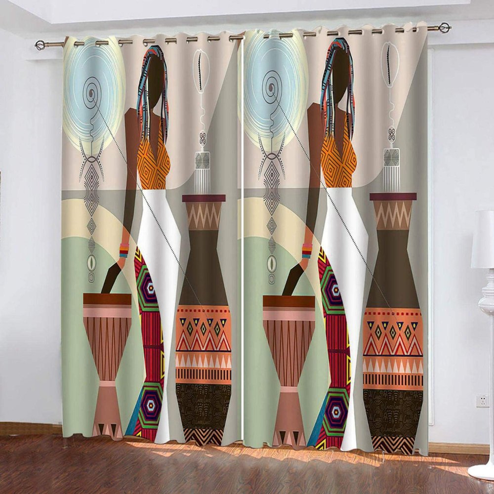 Abstract African Woman Blackout Curtains, Tribal Ethnic 3D Printed Drapes, 2 Panels Window Curtains, Thermal Insulated Drapes Darkening Window Curtain for Bedroom Living Room 63" W x 45" L