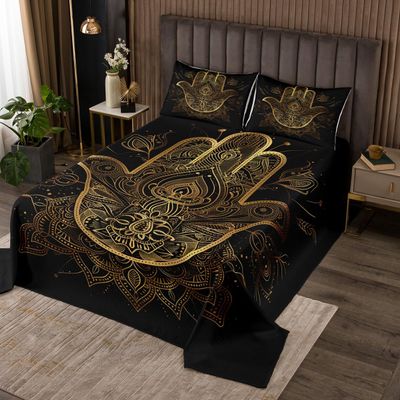 Gold Hamsa Hand Bedspread King Size,Black Gold Mandala Coverlet Set 3pcs for Kids Teens Boys Room Decor, Lucky Hand of Fatima Quilted Coverlet Boho Bedding Quilt with 2 Pillowcases