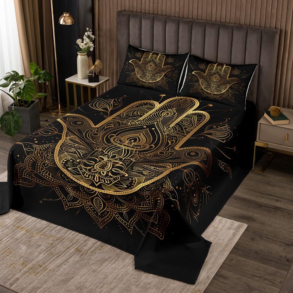 Gold Hamsa Hand Bedspread King Size,Black Gold Mandala Coverlet Set 3pcs for Kids Teens Boys Room Decor, Lucky Hand of Fatima Quilted Coverlet Boho Bedding Quilt with 2 Pillowcases