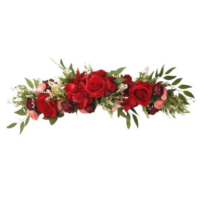 MISNODE 25.6 Inch Artificial Rose Flower Swag, Wedding Arch Flowers, Rose Decorative Floral Swag for Lintel, Green Leaves Flower Garland for Wedding Home Garden Door Decor (Red)