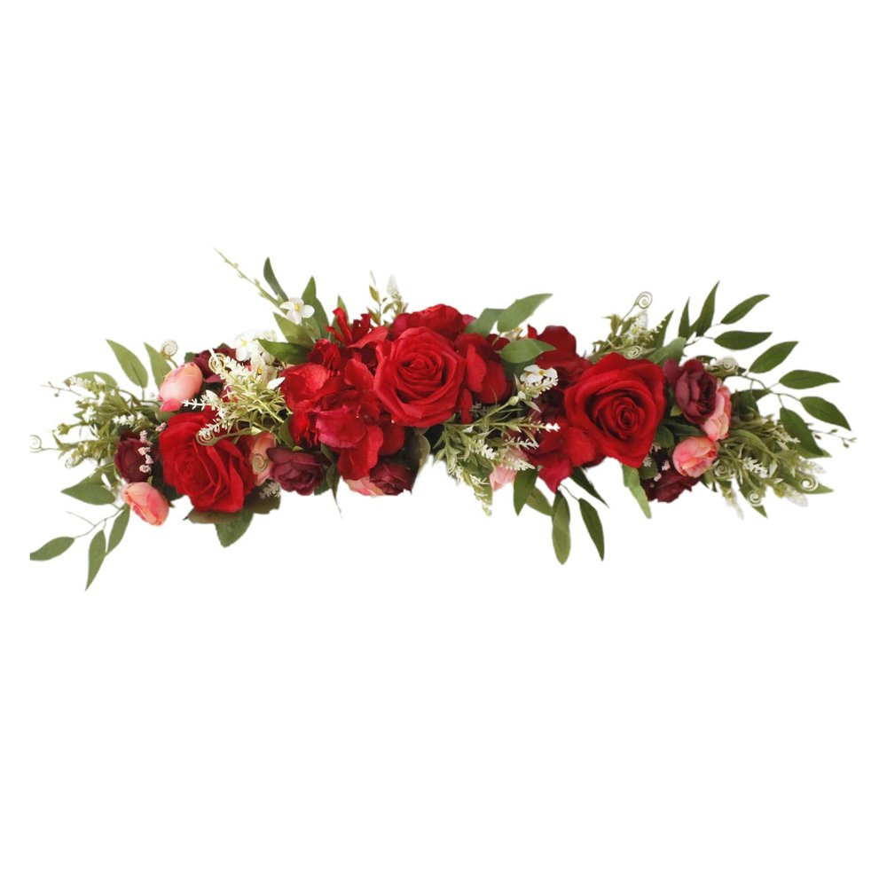 MISNODE 25.6 Inch Artificial Rose Flower Swag, Wedding Arch Flowers, Rose Decorative Floral Swag for Lintel, Green Leaves Flower Garland for Wedding Home Garden Door Decor (Red)