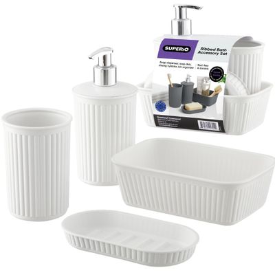 Superio Ribbed Collection - Decorative Plastic Bathroom Accessories Set, White Smoke (Set of 4) Soap Dish, Liquid Dispenser, Toothbrush Holder Cup, Vanity Organizer Tray - Bathroom Decor Gift
