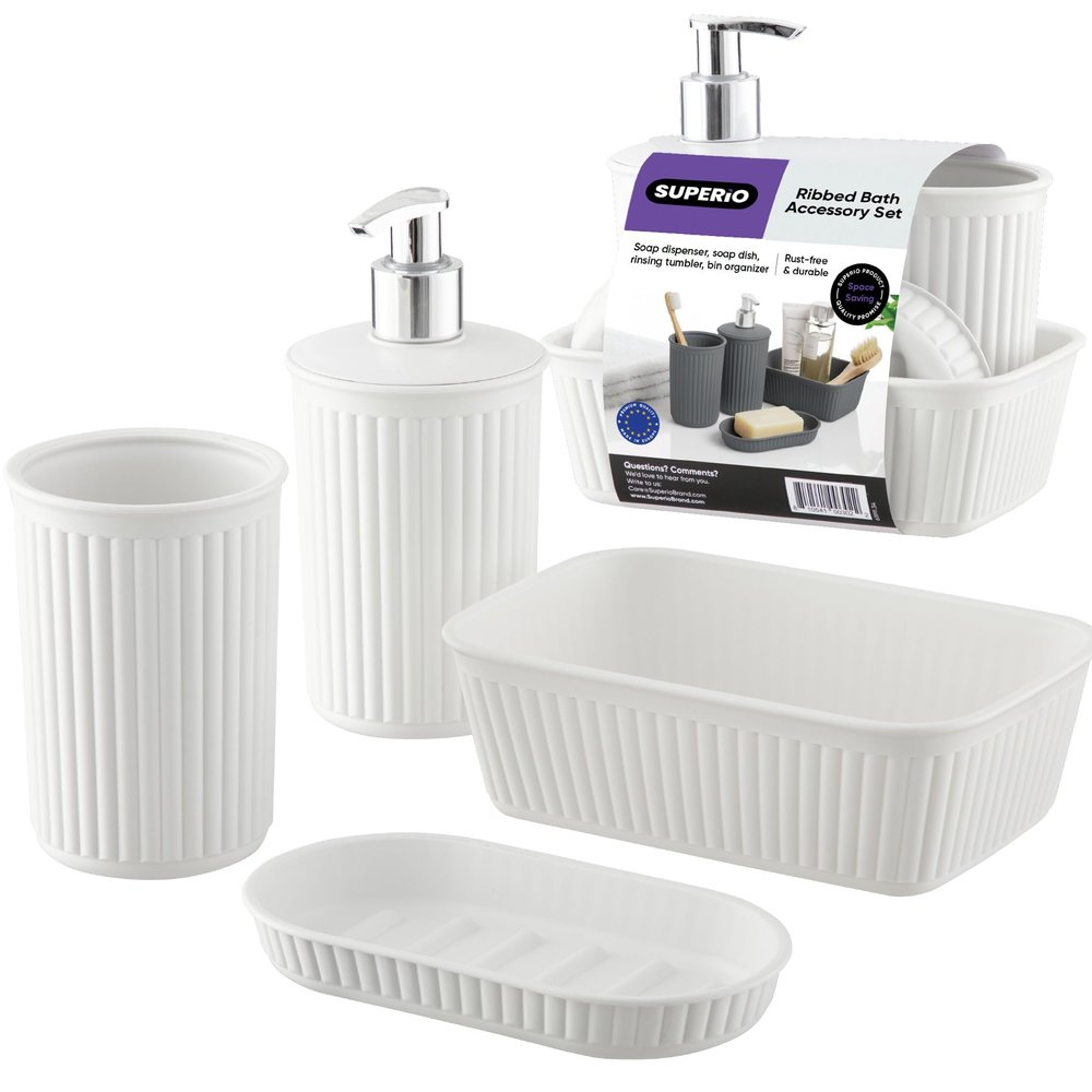Superio Ribbed Collection - Decorative Plastic Bathroom Accessories Set, White Smoke (Set of 4) Soap Dish, Liquid Dispenser, Toothbrush Holder Cup, Vanity Organizer Tray - Bathroom Decor Gift