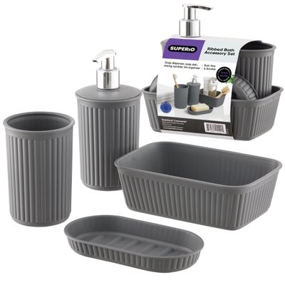 Superio Ribbed Collection - Decorative Plastic Bathroom Accessories Set, Grey (Set of 4) Soap Dish Liquid Dispenser, Toothbrush Holder Cup, Vanity Organizer Tray - Bath Accessory Countertop Decor Gift