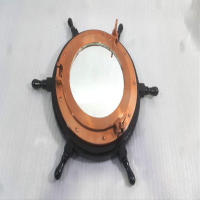 24 Inches Wooden Black Ship Wheel Porthole Mirror Pirate Boat Mirror
