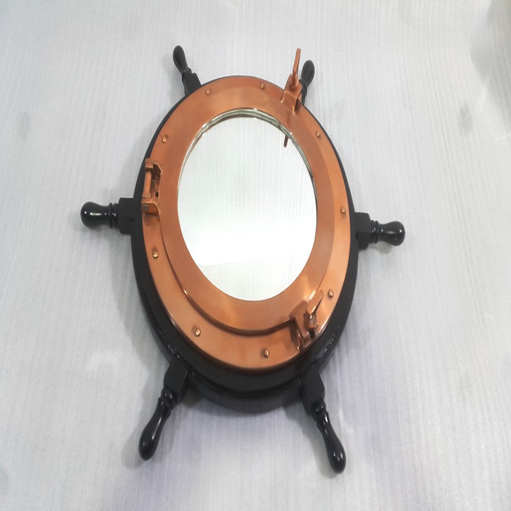 24 Inches Wooden Black Ship Wheel Porthole Mirror Pirate Boat Mirror