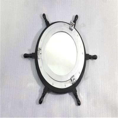 24 Inches Wooden Black Ship Wheel Porthole Silver Finish Mirror Pirate Boat Mirror