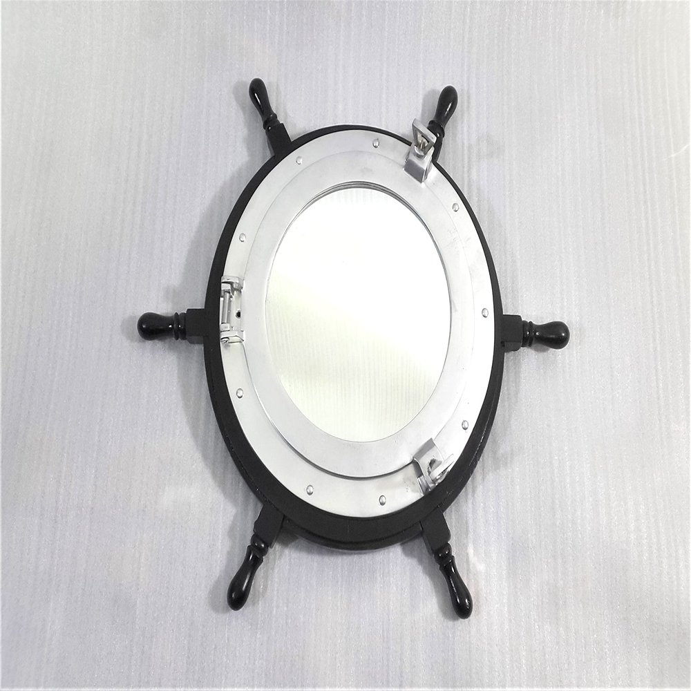 24 Inches Wooden Black Ship Wheel Porthole Silver Finish Mirror Pirate Boat Mirror