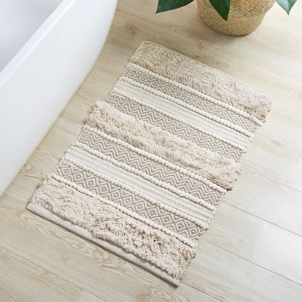 Ink+Ivy Bath Rug Hand-Woven Texture Shaggy Striped Soft & Water Absorbent, Boho Bathroom Dcor Bath-Mats, Non-Slip Absorbent Quick Dry Mats for Tub, Shower Room, Asher, 20x32 Natural