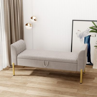 Alunaune Modern Velvet Storage Bedroom Bench End of Bed Bench, Upholstered Armed Entryway Bench Ottoman Settee for Living Room-Grey