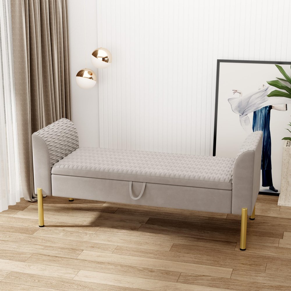 Alunaune Modern Velvet Storage Bedroom Bench End of Bed Bench, Upholstered Armed Entryway Bench Ottoman Settee for Living Room-Grey