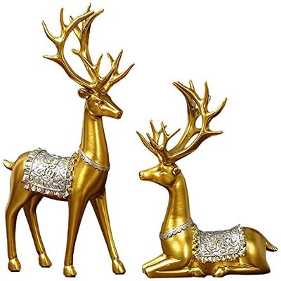 2-Pack Reindeer Figurines Resin Couple Deer Statue Animal Deer Ornament for Christmas TV Stand Bookshelf Decor - Golden