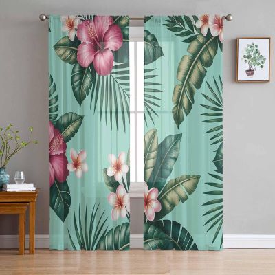 2 PCS Semi-Sheer Curtains 84 Inches Long Pink Flos Hibisci Flower Green Leaf,Rod Pocket Voile Living Room Curtains Panels,Window Drape Chiffon Sheer Cafe Curtains for Living Room,Summer Tropical Print