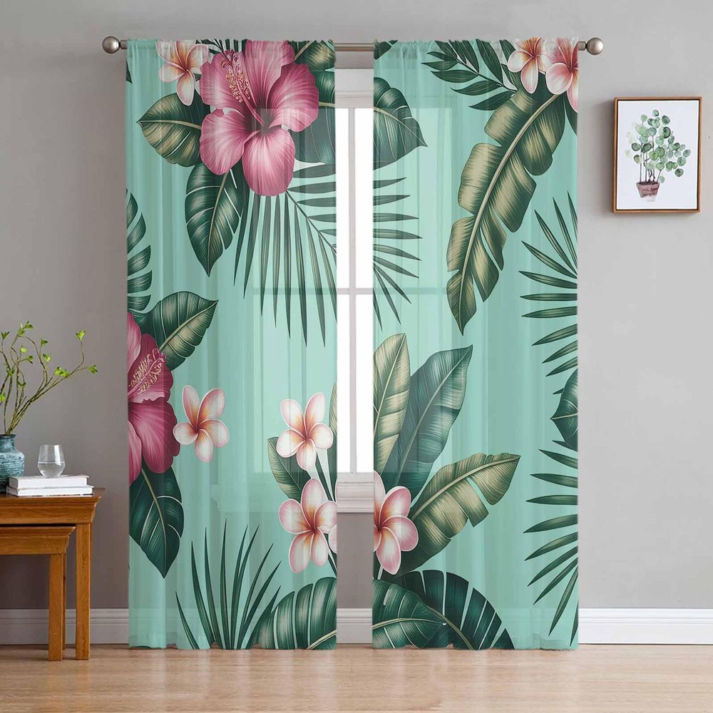 2 PCS Semi-Sheer Curtains 84 Inches Long Pink Flos Hibisci Flower Green Leaf,Rod Pocket Voile Living Room Curtains Panels,Window Drape Chiffon Sheer Cafe Curtains for Living Room,Summer Tropical Print