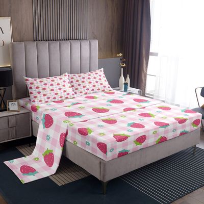 Strawberry Bed Sheets Kids Video Tropical Fruit Print Bed Sheets Set for Boys Teens Sweet Strawberry Pink Sweetheart Sheet Set Breathable Geometric Plaid Bedding Set Room Decor Bed Set Twin Size