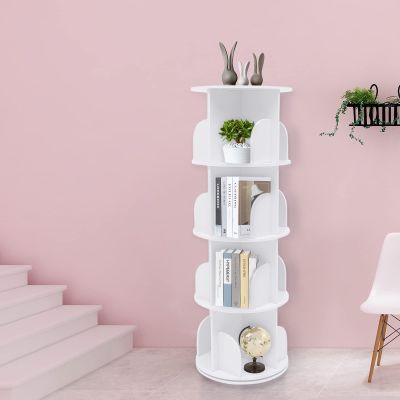DYRABREST 4 Tiers Rotating White Bookshelf 360 Degrees Display,Stackable Shelves Bookshelf Organizer,Storage Display Rack Floor Standing Shelves for Home Office Living Room 15.7x15.7x46.5in