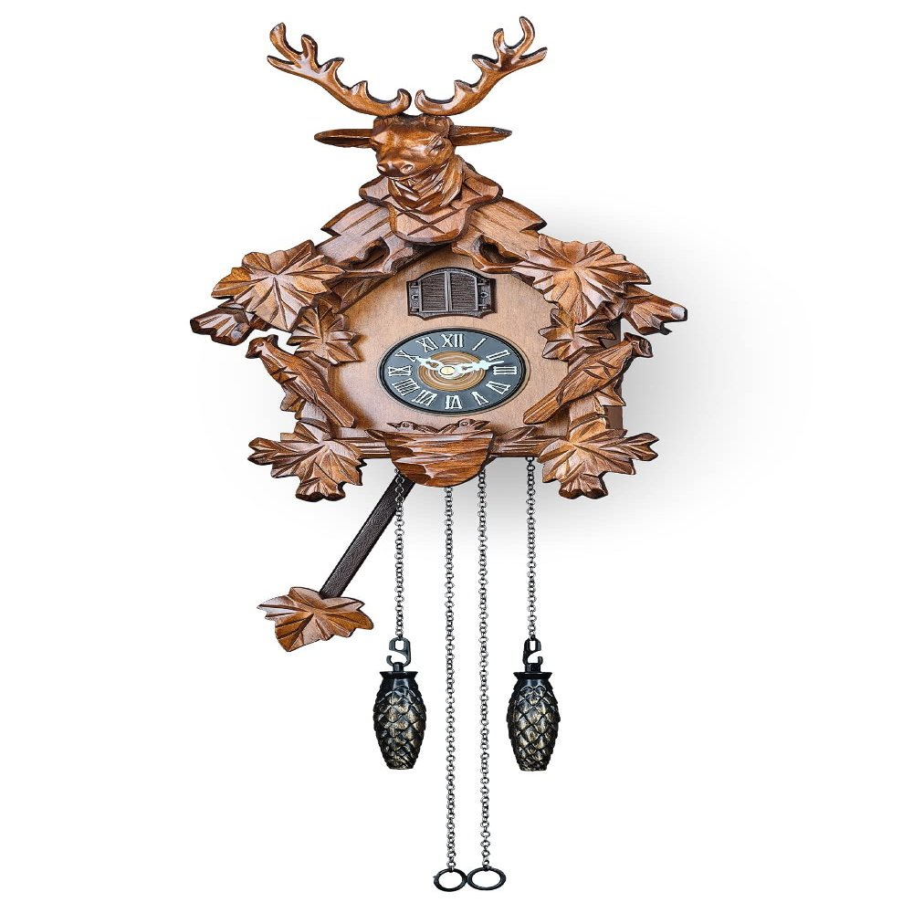 TIMEGEAR Cuckoo Clock with Automatic Night Mode, Quartz Movement and Carved Deer Head (Brown)