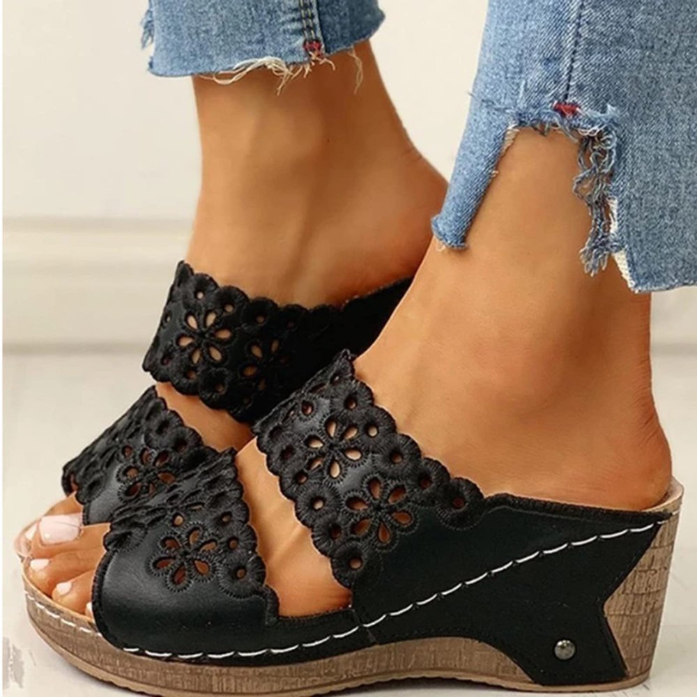 HHZYT Platform Sandals for Women Flowers Embroidered Wedge Sandals Summer Open Toe Slip on Leather Sandals Mule Clogs Beach Slippers Shoes,Black,US11/EU42