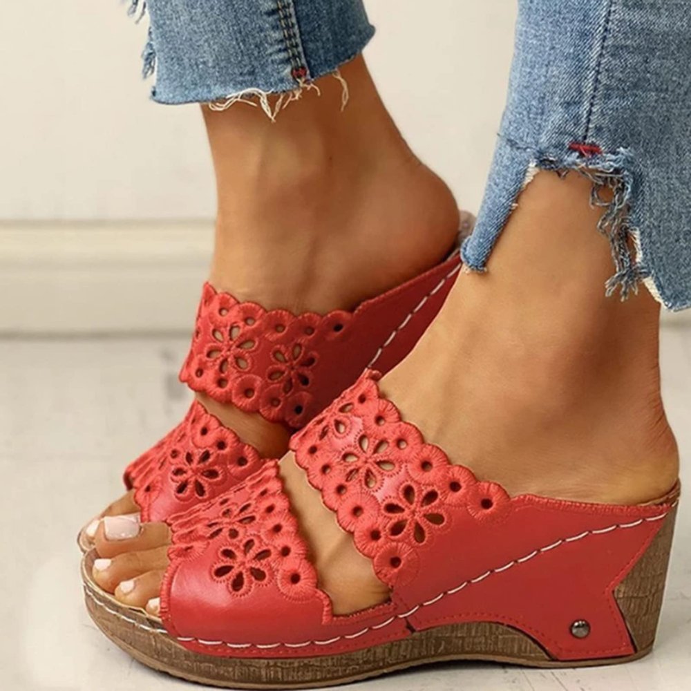 HHZYT Platform Sandals for Women Flowers Embroidered Wedge Sandals Summer Open Toe Slip on Leather Sandals Mule Clogs Beach Slippers Shoes,Black,US8/EU39