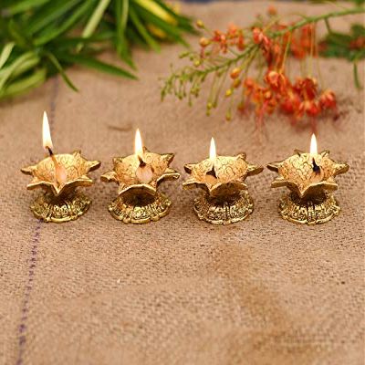 Frienemy Presents Diwali Decoration Home Temple Metal Diya Oil Lamp for Pooja, Standard, Golden -Set of 4#Frienemy-590