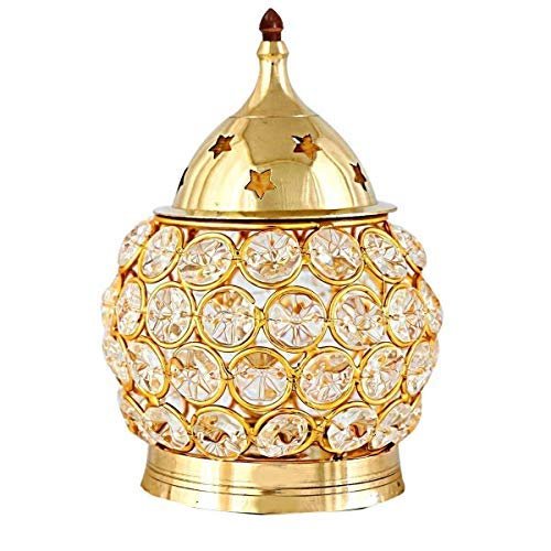 Frienemy Presents Crystal Handmade Pure Brass Akhand Diya Tea Light Holder Decorative Lantern Oval Shape Diwali Gifts Home Decor Puja Lamp (Size - 4.25X4.25X6 Inch) #Frienemy-574