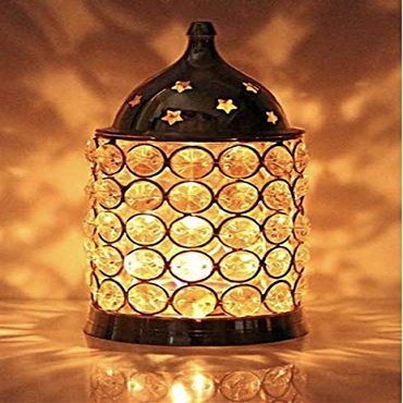 Frienemy Presents Akhand Diya Decorative Brass Crystal Oil Lamp Tea Light Holder Lantern, 6 Inch (Gold and White) #Frienemy-007
