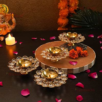 Frienemy Presents Pack of 4 Brass Crystal Akhand Diya Brass Oil Puja Lamp - Diwali Diya Diwali Home Decoration Item and Diwali Gifts (Golden, 9 Cm X 3 Cm) #Frienemy-554